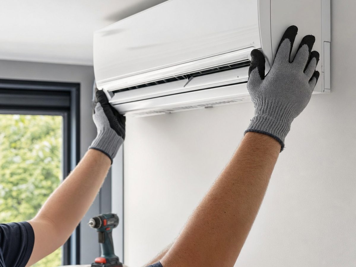 Installateur de pompe à chaleur air/air au travail